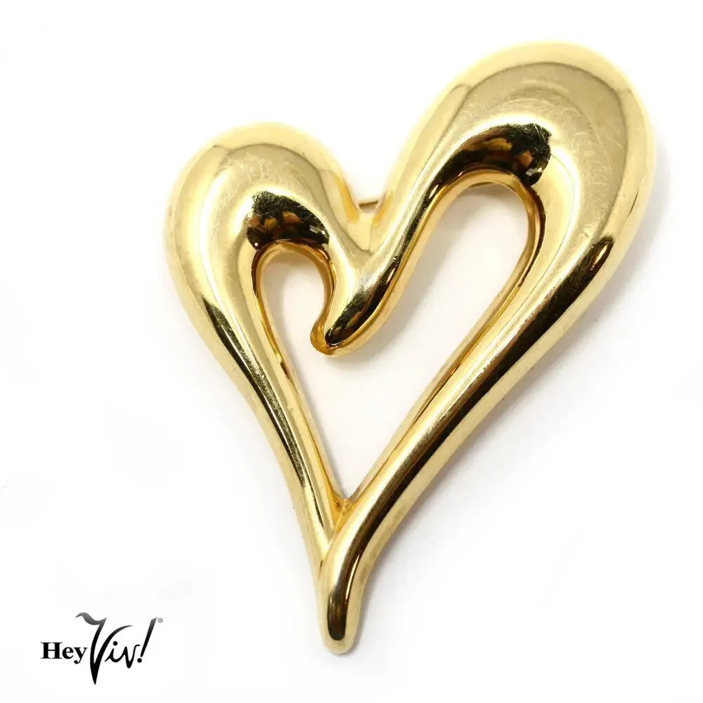 Vintage Monet Gold Tone Open Heart Pin Brooch Shiny Love Valentine 2.5